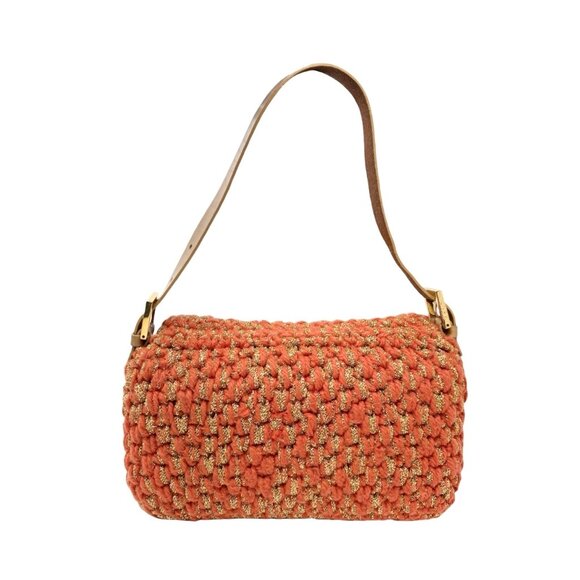 FENDI Vintage FF Mamma Baguette Wool Knit Shoulder Bag Glitter Orange [106267] - Picture 6 of 14